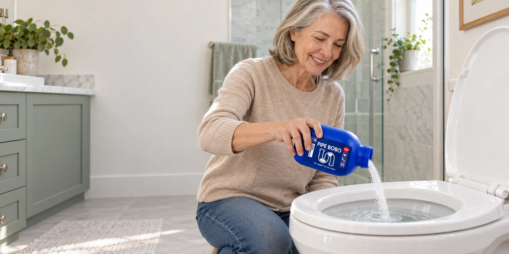 Illustrative kindly older woman pouring drain cleaner into a household toilet