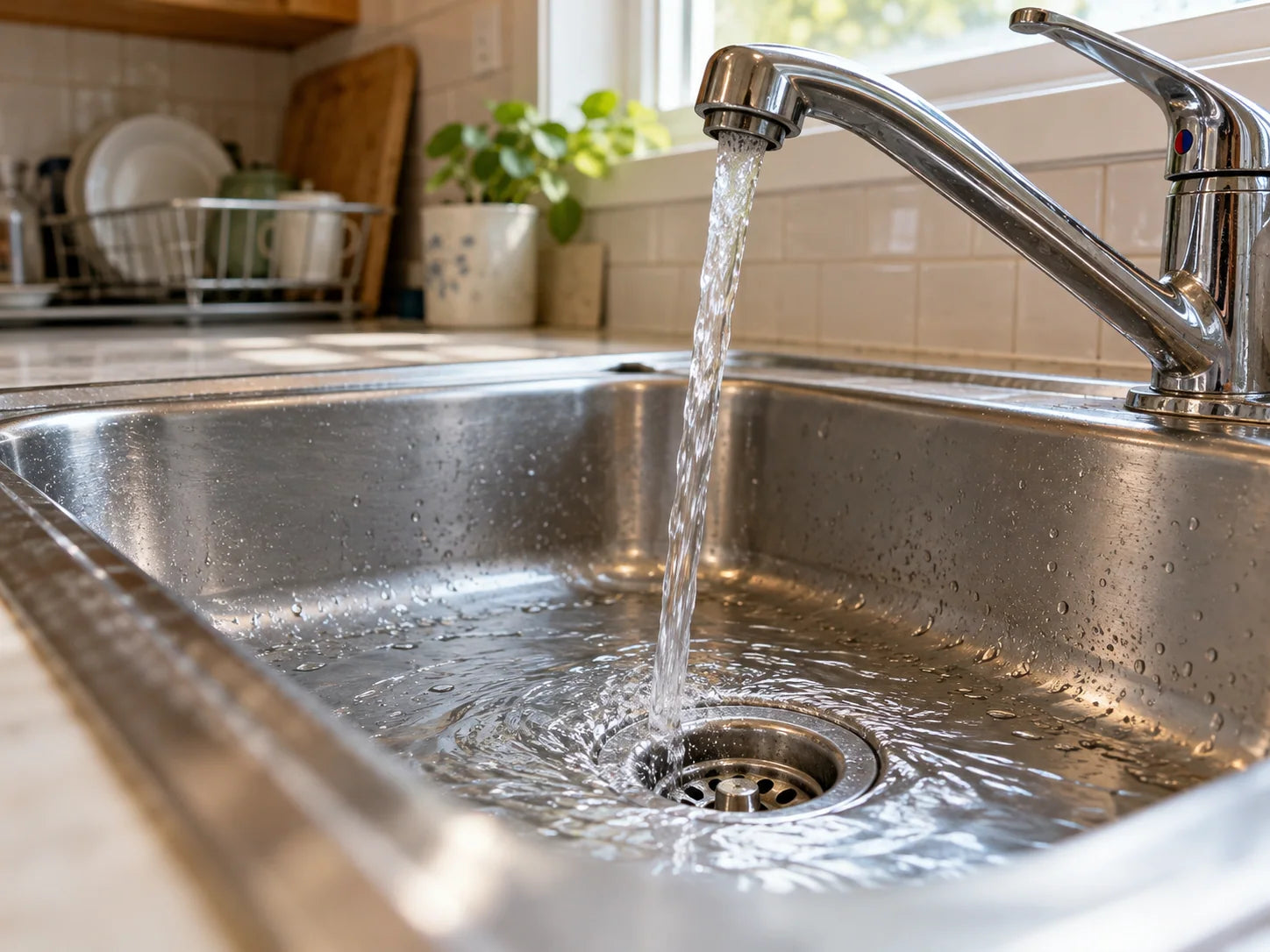 Illustrative low-angle kitchen sink with clear water flowing into an open drain
