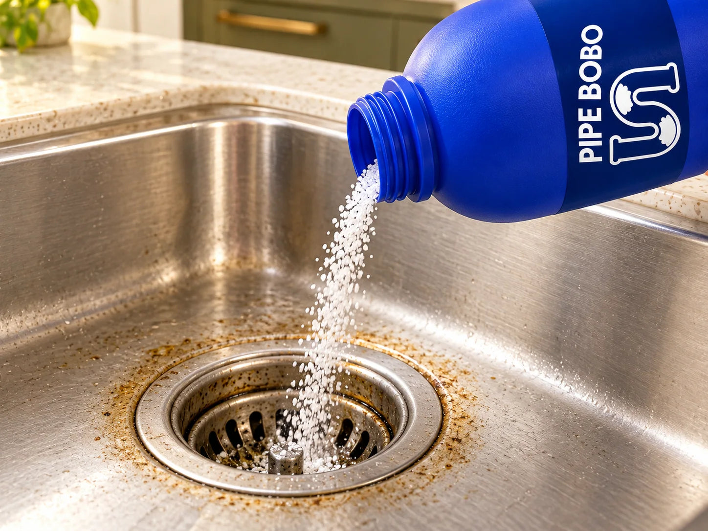 Illustrative controlled drain-cleaner application at an open kitchen drain