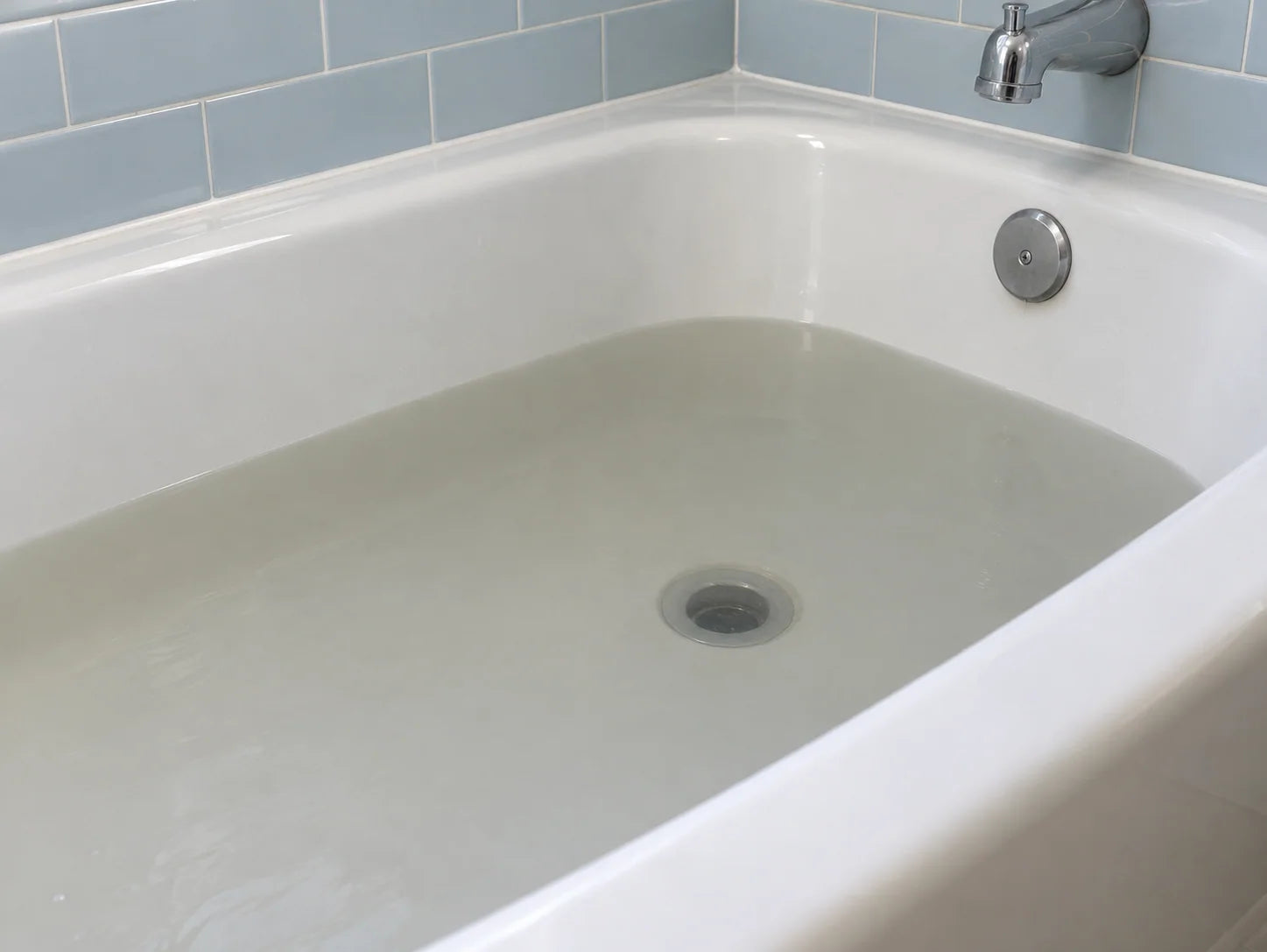 Illustrative shallow standing water around an open bathtub drain