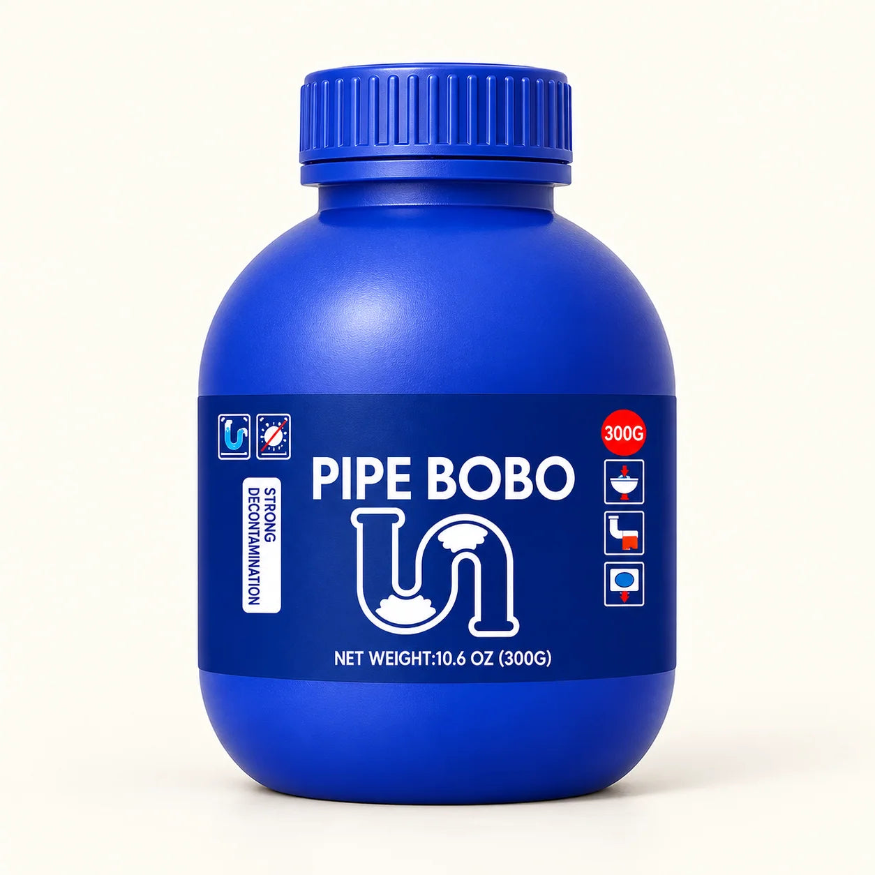 PIPE BOBO closed blue drain-cleaner bottle labeled 300g