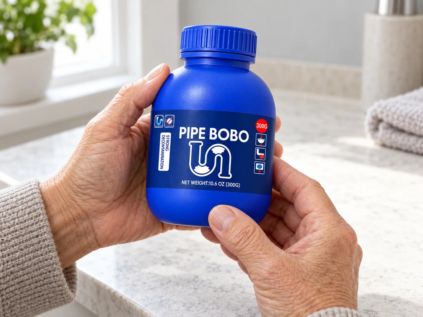Illustrative older adult reading the closed bottle before use