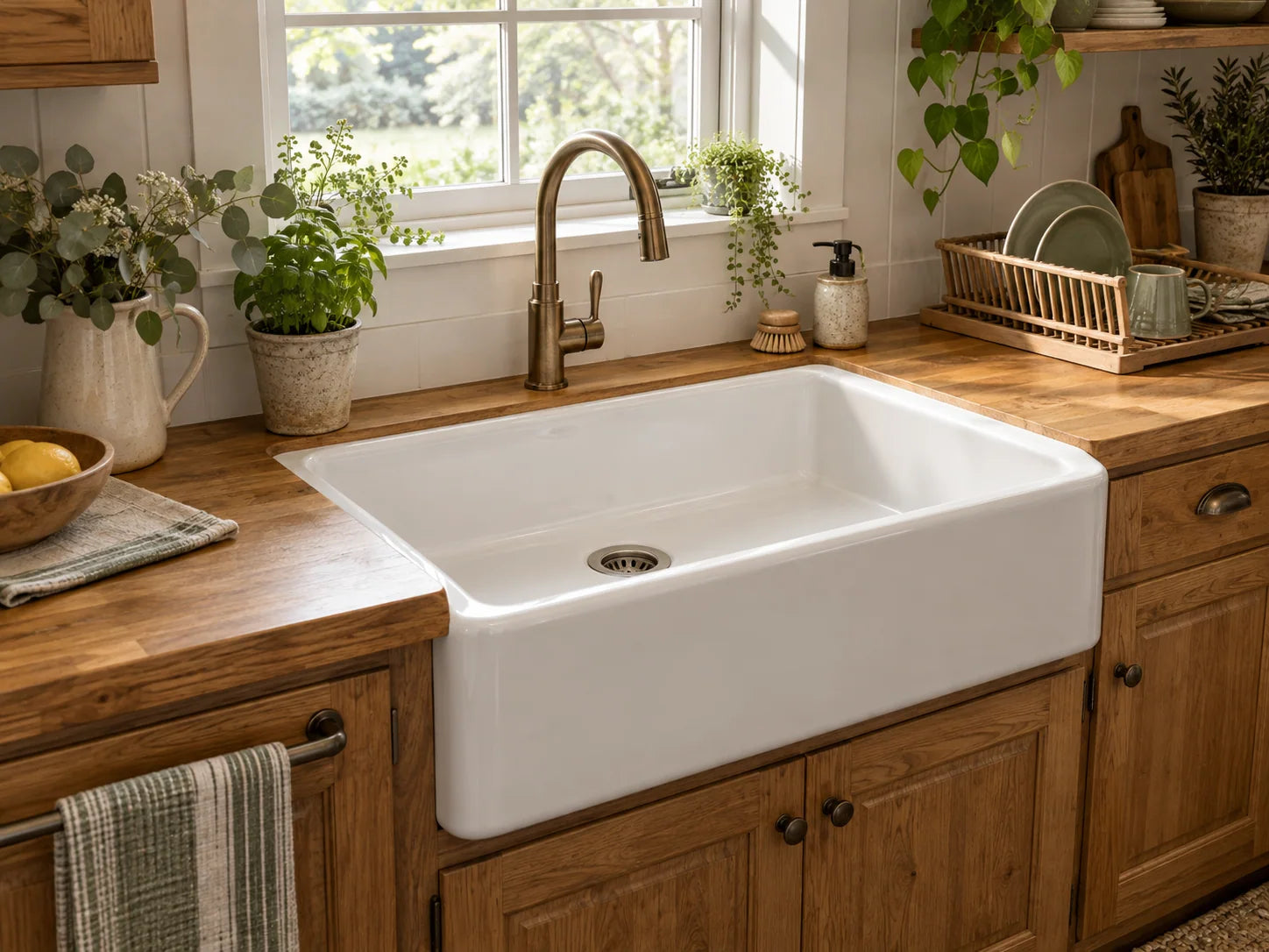 White farmhouse kitchen sink in a warm oak kitchen