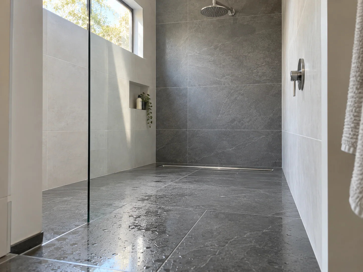Wide walk-in shower with a slim linear drain