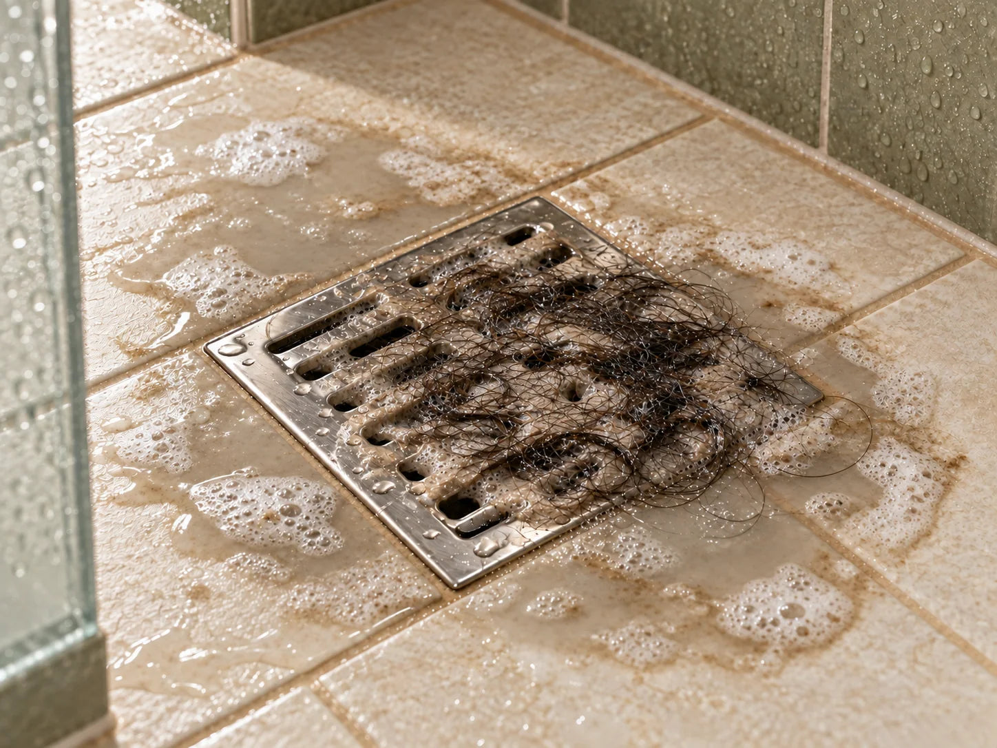 The same illustrative shower drain before care with visible buildup