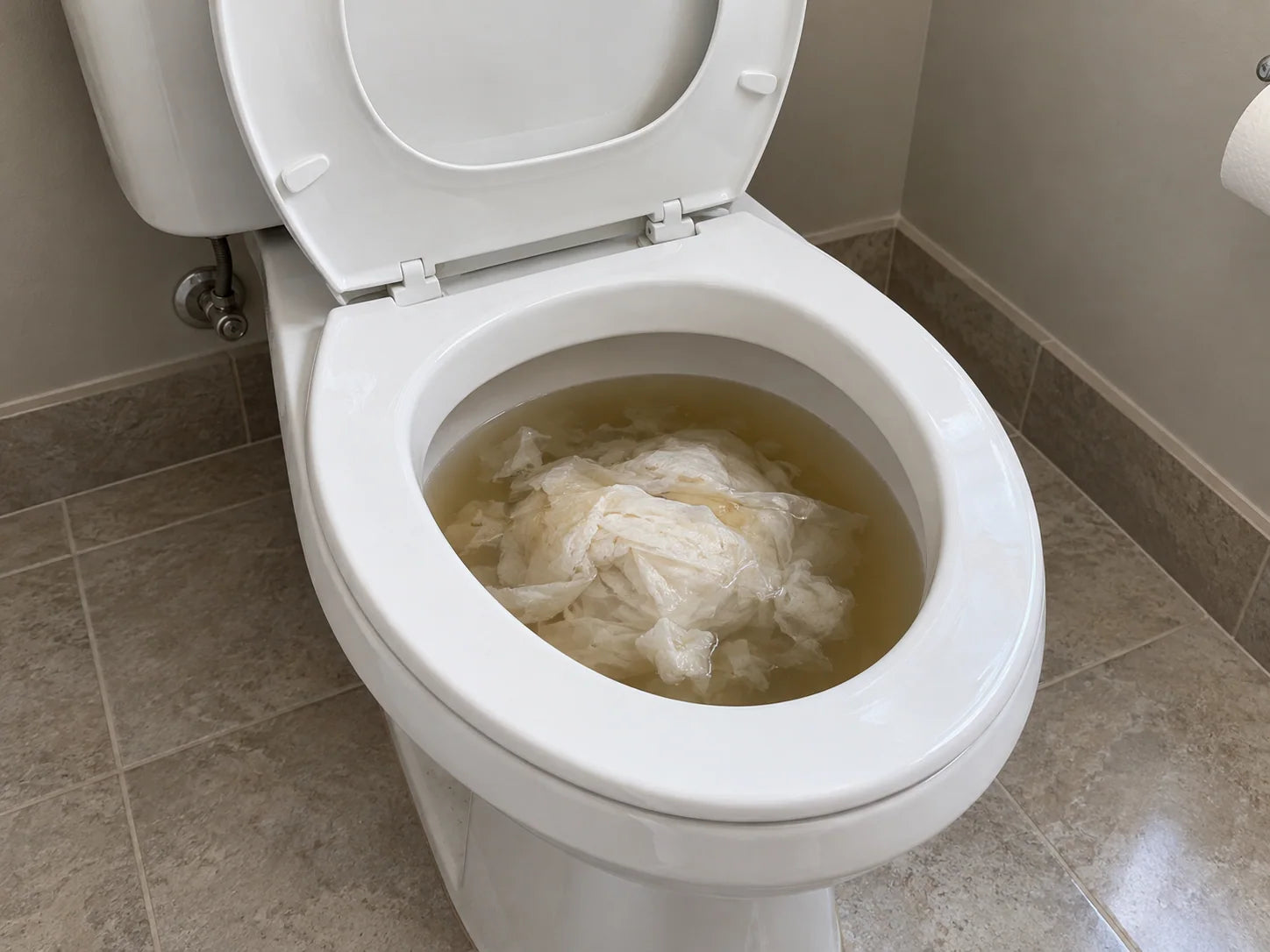 Illustrative backed-up toilet with raised cloudy water before care