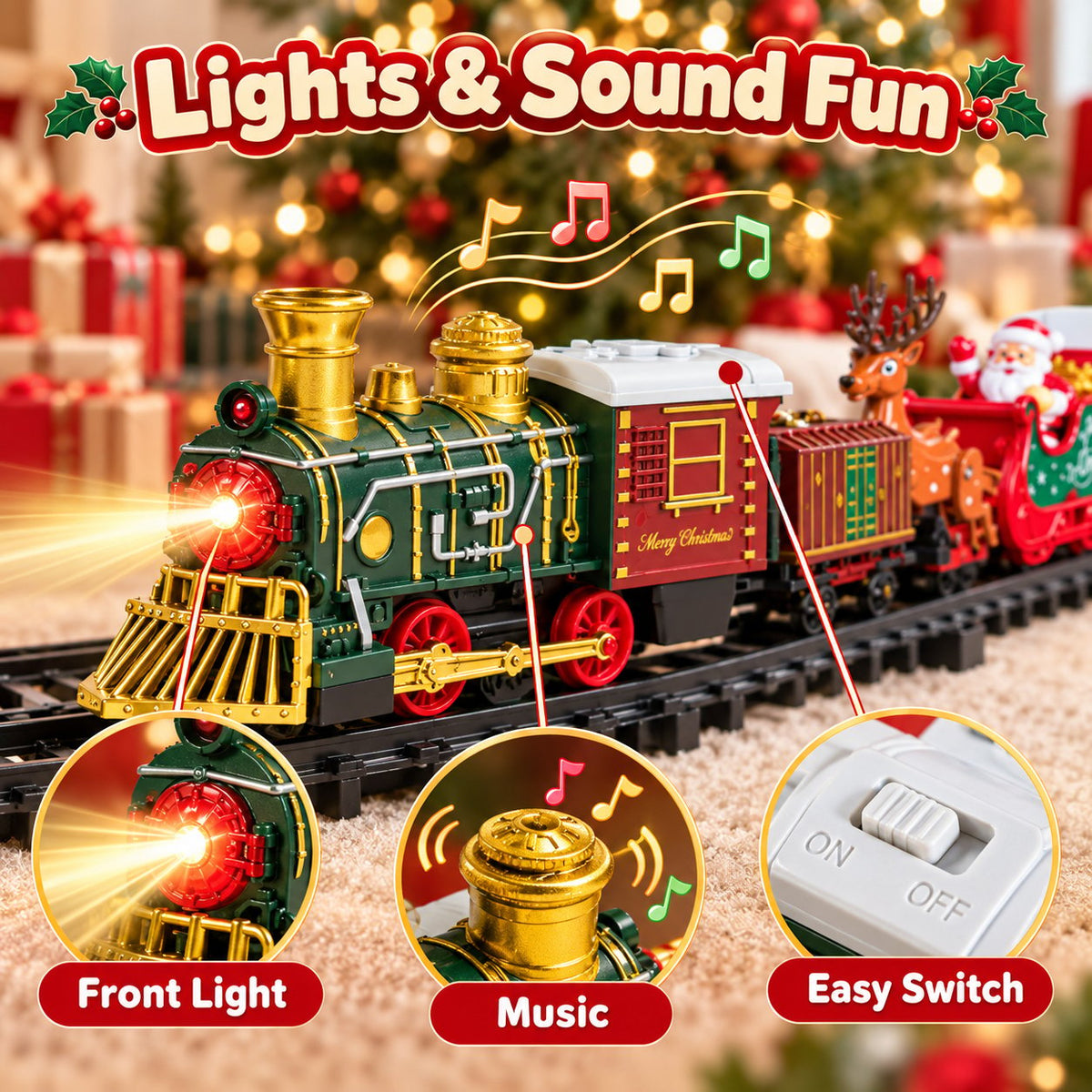 Close-up of the locomotive with headlight, music function and on/off switch