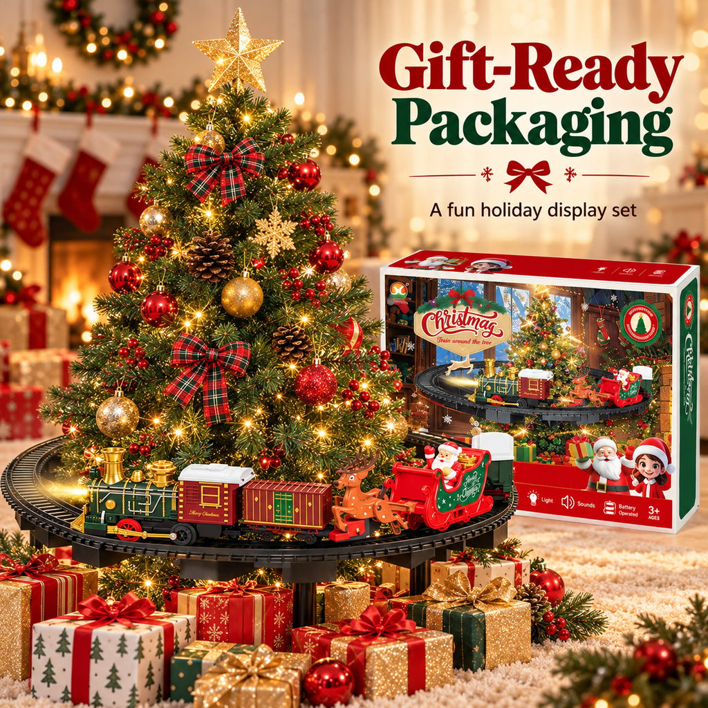 Christmas train set next to its colorful retail packaging and a decorated tree