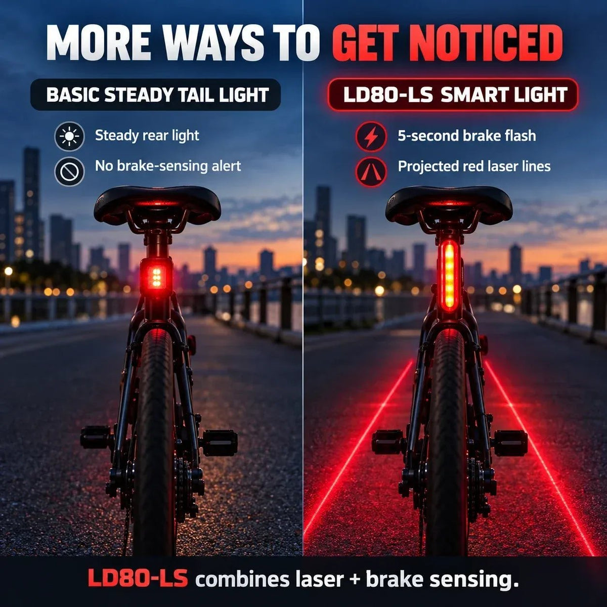 🚨 LED Bicycle Rear Light with Brake Flash | Laser Safety Zone, 22h Long Battery Life (Dual mounting brackets included)