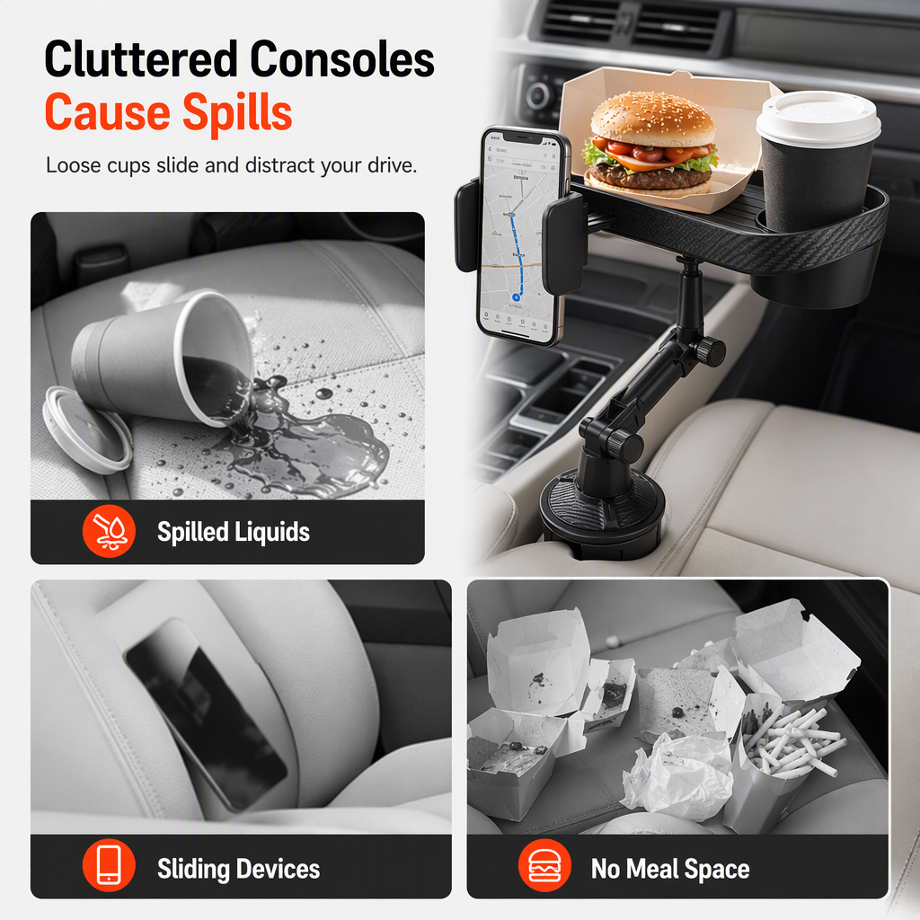 3 in 1 Multifunctional Car Cup Holder Phone Mount with Tray and Storage Organizer🚗📱🥤🍔