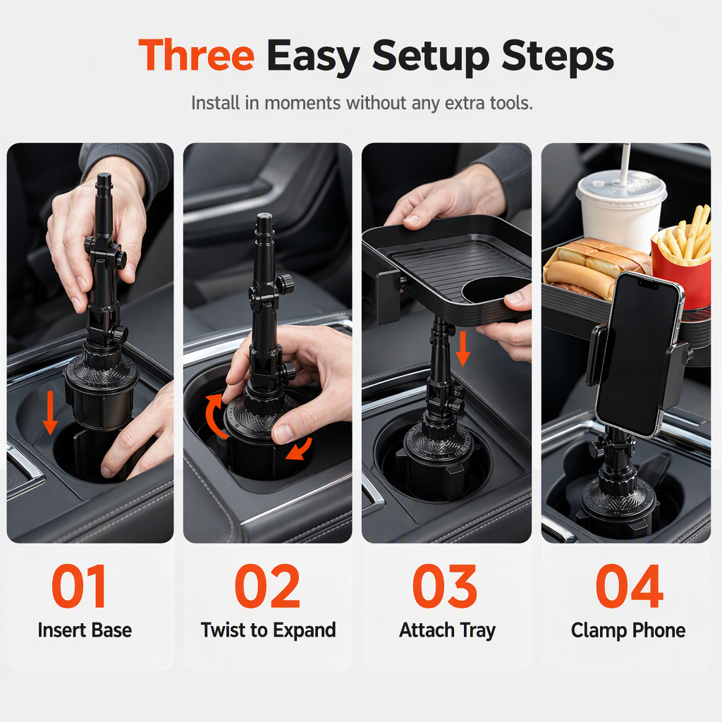 3 in 1 Multifunctional Car Cup Holder Phone Mount with Tray and Storage Organizer🚗📱🥤🍔