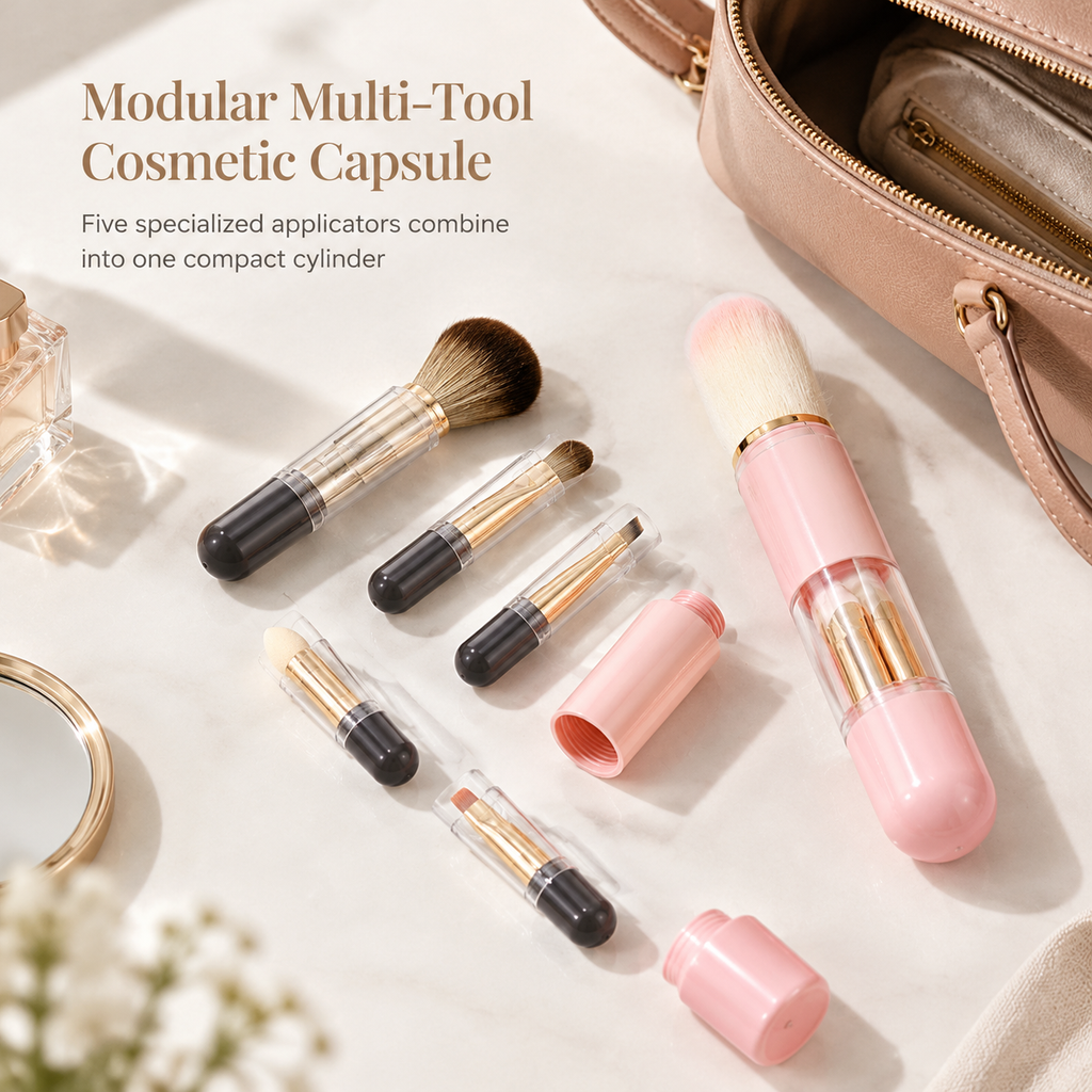 Portable Retractable Makeup Brush Set Multifunctional Travel Cosmetic Tool with Powder Blush and Silicone Lip Brush