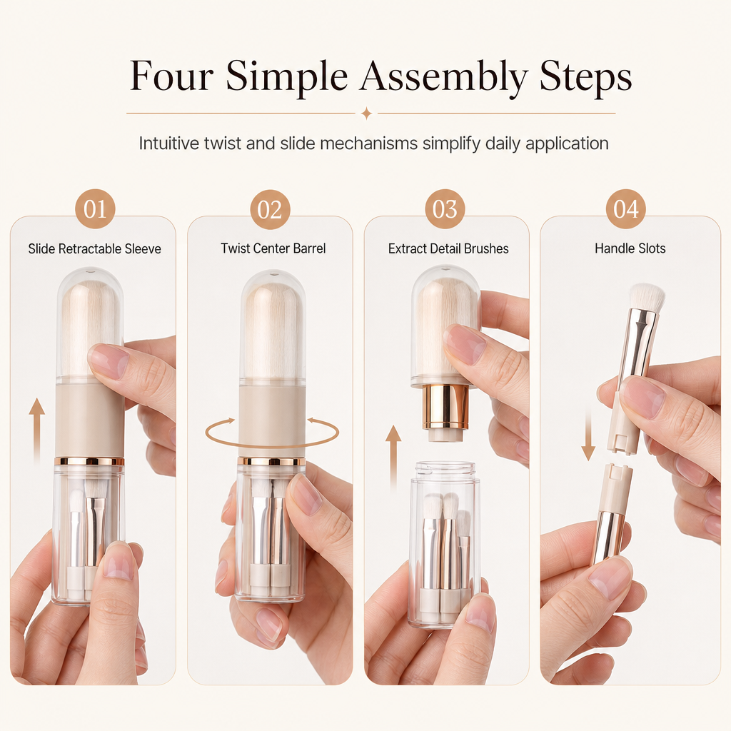Portable Retractable Makeup Brush Set Multifunctional Travel Cosmetic Tool with Powder Blush and Silicone Lip Brush