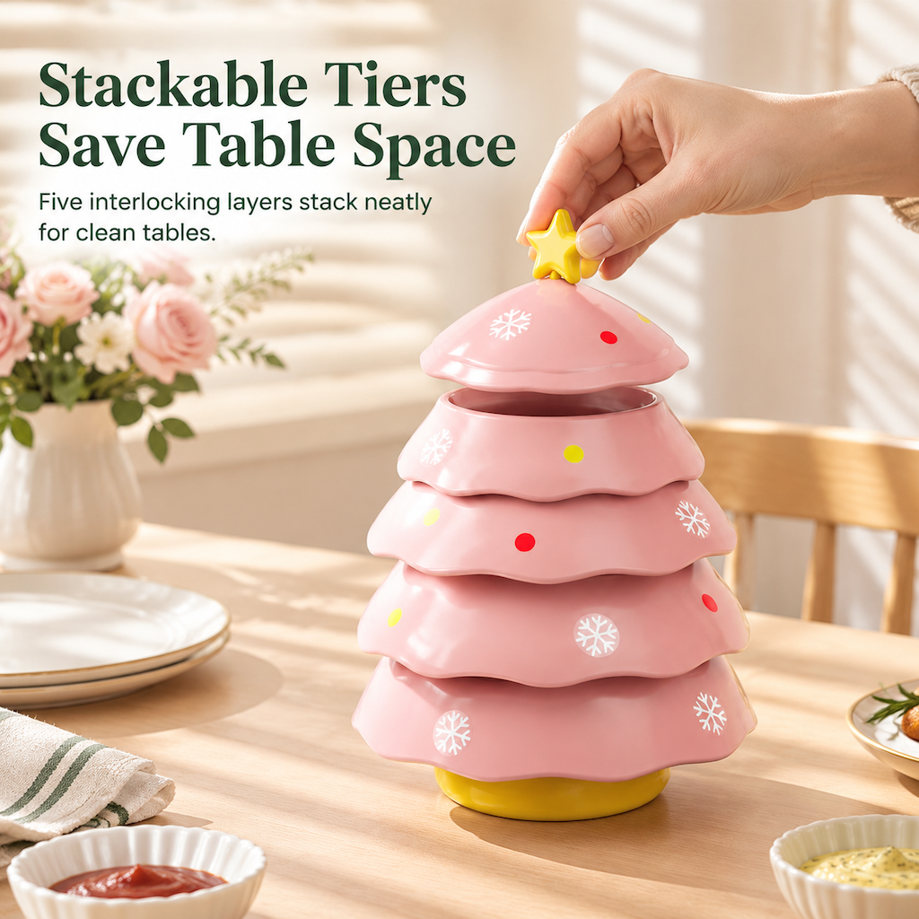 🎁2026 Christmas Sale🎅Creative Christmas Tree Shaped 5 Compartment Dipping Sauce Dish and Snack Serving Tray for Home Living Room
