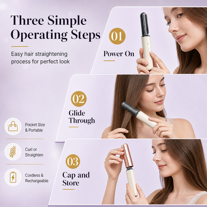 🎉50% Off! 👩Portable Cordless Mini Hair Straightener Brush USB Rechargeable Electric Heated Styling Comb for Bangs and Curling